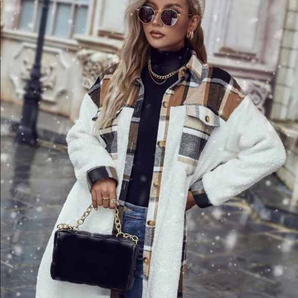 New plaid white button down Teddy jacket - Picture 7 of 8